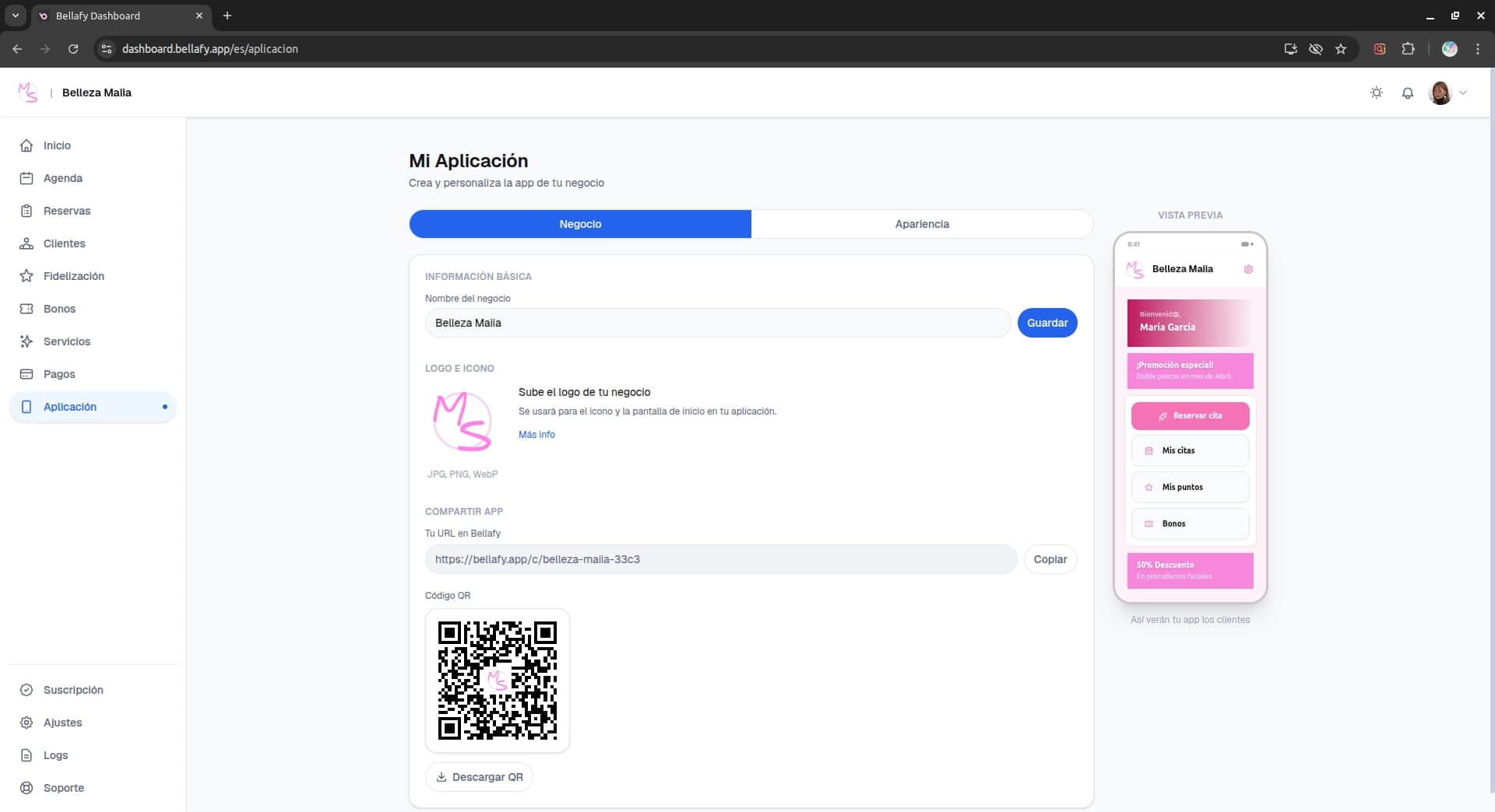 Clinic business details inside the Bellafy dashboard