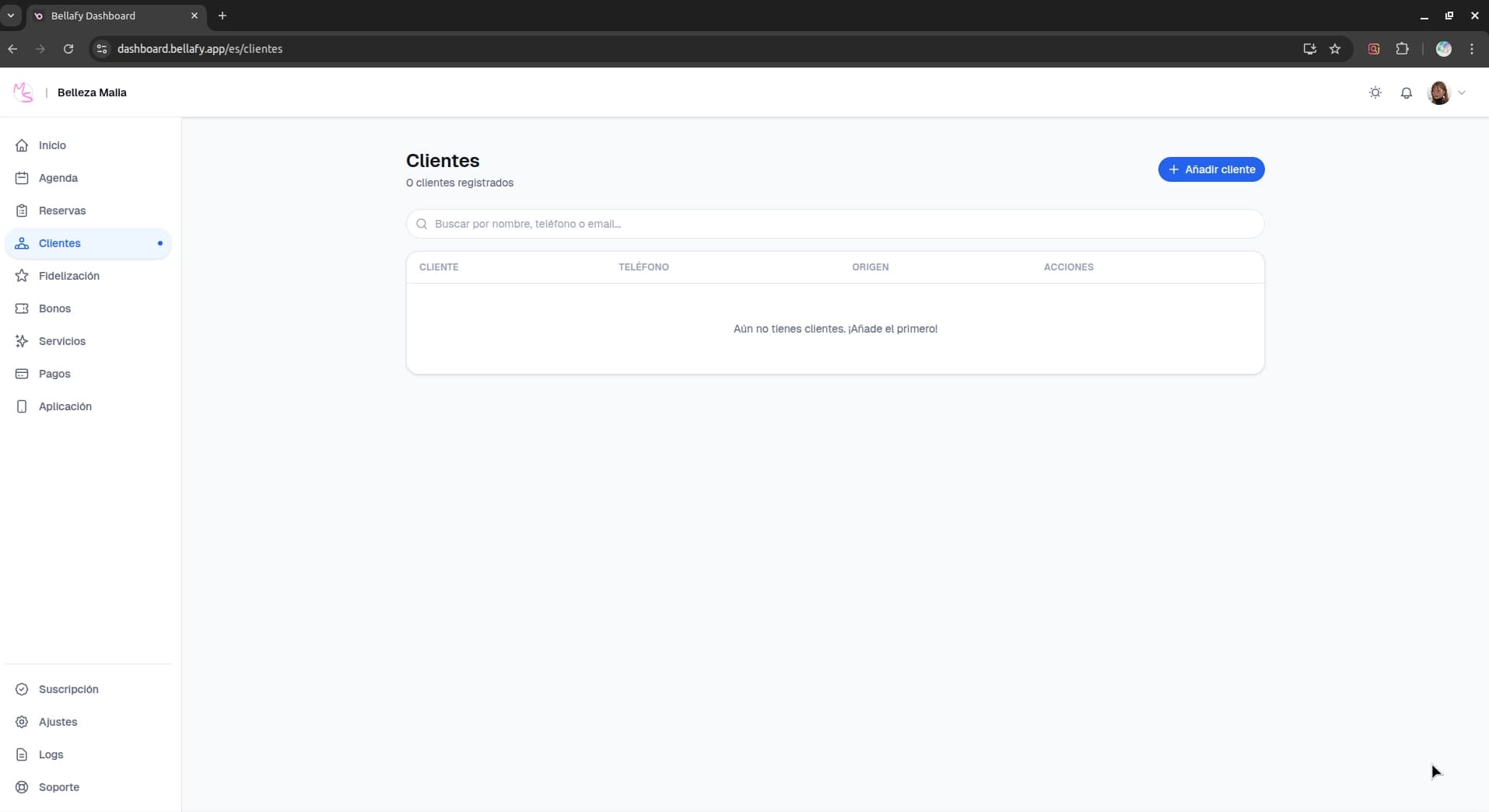 Clients list in the dashboard
