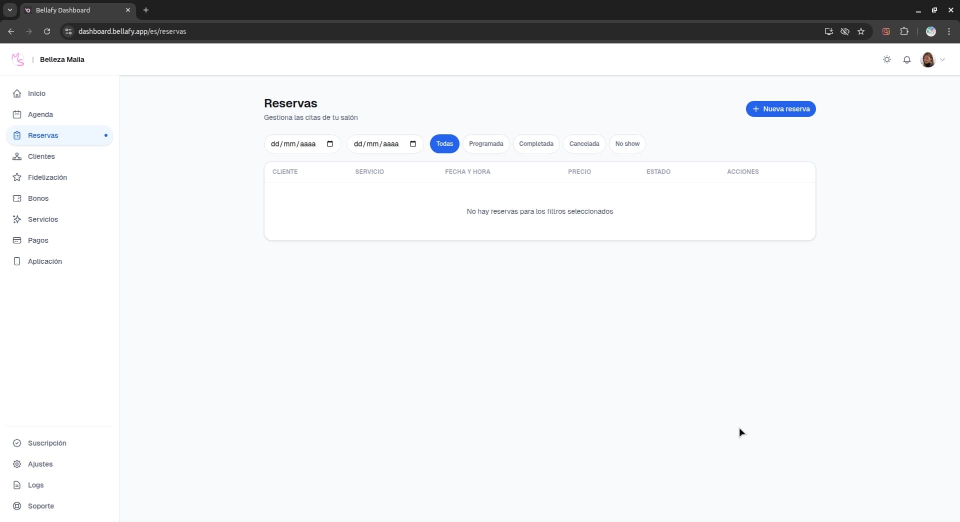 Reservations list view