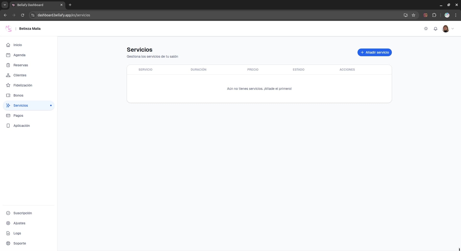 Lista de servicios en el panel