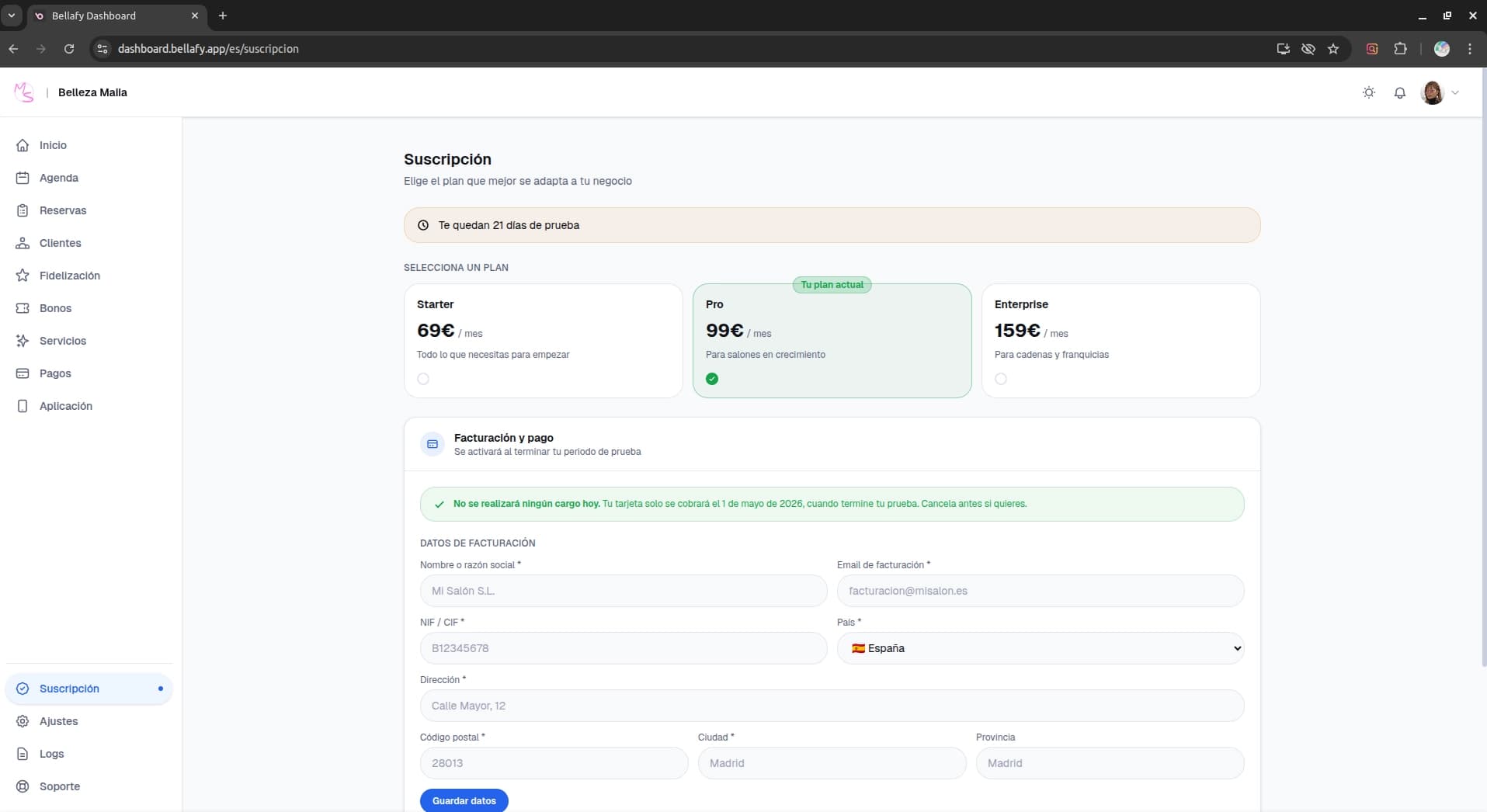 Subscription page inside the dashboard