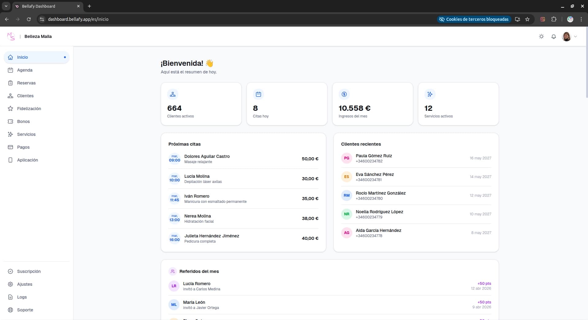 Bellafy dashboard home view